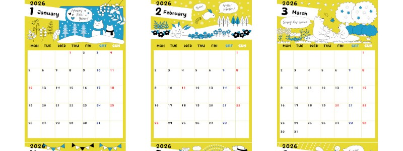 年間カレンダー2026はA4縦型の月曜始まり♪明るく楽しい北欧カラーで気分も上がる！無料ダウンロード可能！