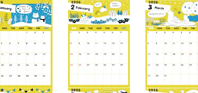 2026年間カレンダー♪A4縦型の日曜始まりでシンプルでかわいい北欧イラスト！無料ダウンロード可能！