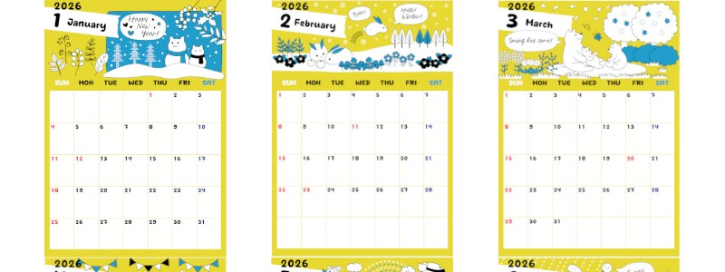 2026年間カレンダー♪A4縦型の日曜始まりでシンプルでかわいい北欧イラスト！無料ダウンロード可能！