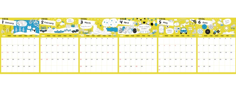 A4縦型で使える2026年間カレンダー♪日曜始まりの優しいタッチが魅力♪無料ダウンロードできます！