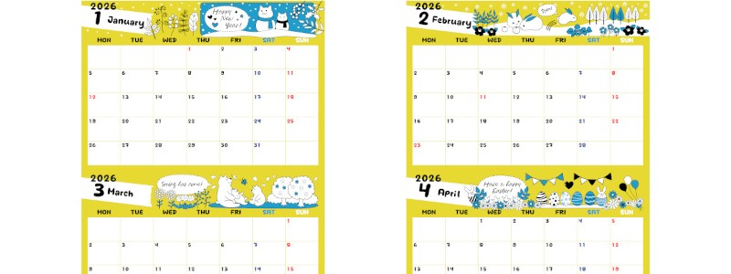 2026年の年間カレンダーはA4横型の月曜始まり♪ポップでかわいい北欧カラーが気分を上げる！無料ダウンロード可能！