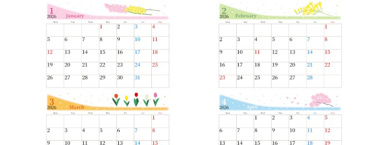 2026年の年間カレンダーはA4横型の月曜始まり♪シンプルで大人っぽい草花イラスト！無料ダウンロード可能！
