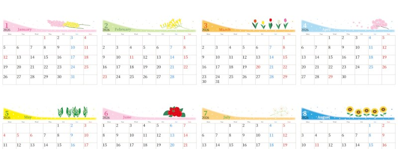 2026年間カレンダー♪A4横型の月曜始まりで上品で落ち着きある草花イラスト！無料でダウンロードできます！