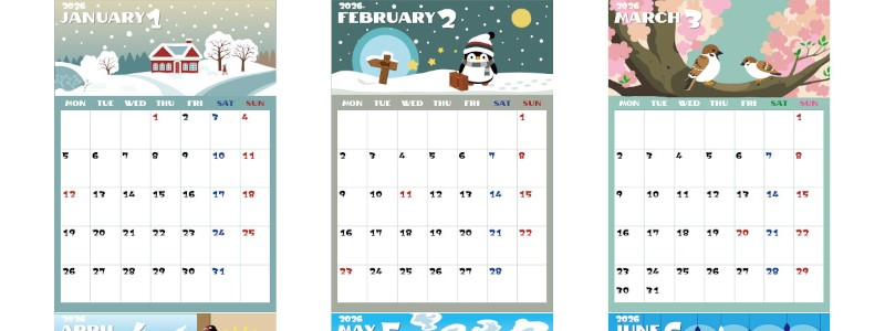 年間カレンダー2026はA4縦型の月曜始まり♪楽しく続けられるポップイラスト！無料ダウンロード可能！