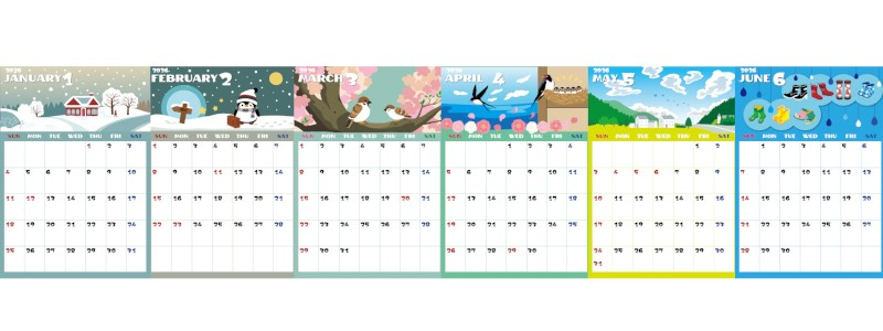 A4縦型で使える2026年間カレンダー♪日曜始まりでカラフルな明るいデザイン！無料ダウンロードできます！
