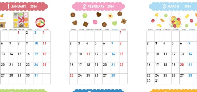 年間カレンダー2026はA4縦型の月曜始まり♪ポップな色使いで気分が明るくなるデザイン！無料ダウンロード可能！