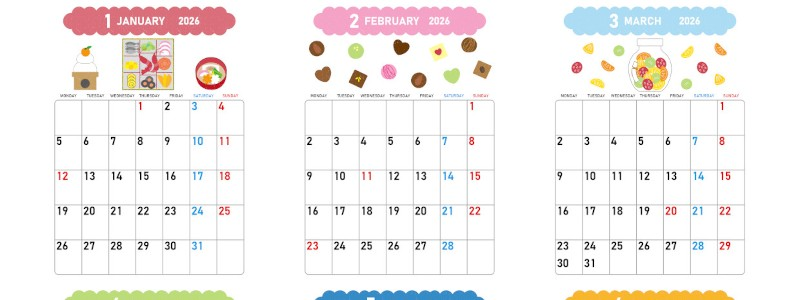 年間カレンダー2026はA4縦型の月曜始まり♪ポップな色使いで気分が明るくなるデザイン！無料ダウンロード可能！