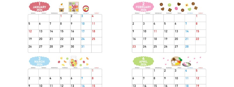 2026年の年間カレンダーはA4横型の月曜始まり♪シンプルでカラフルなデザインが魅力！インク少なめで印刷にも◎無料ダウンロード可能！