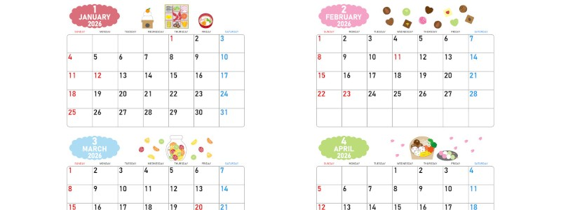 2026年間カレンダー♪A4横型の日曜始まりでカラフルポップな遊び心デザイン！ワクワク楽しく使える無料ダウンロード可能！