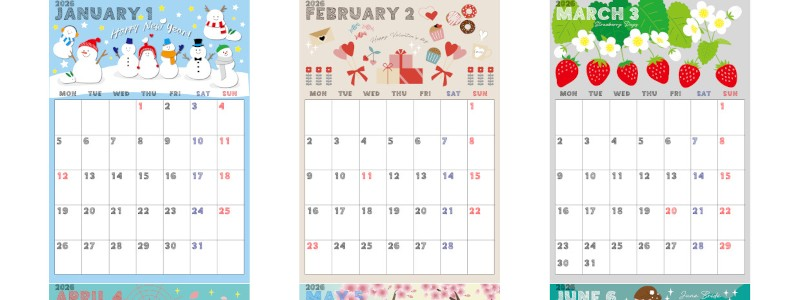 年間カレンダー2026はA4縦型の月曜始まり♪予定整理がしやすいシンプル構成！無料ダウンロード可能！