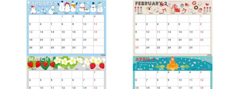 2026年の年間カレンダーはA4横型の月曜始まり♪フリー素材としても使える鮮やかデザイン！無料ダウンロード可能！