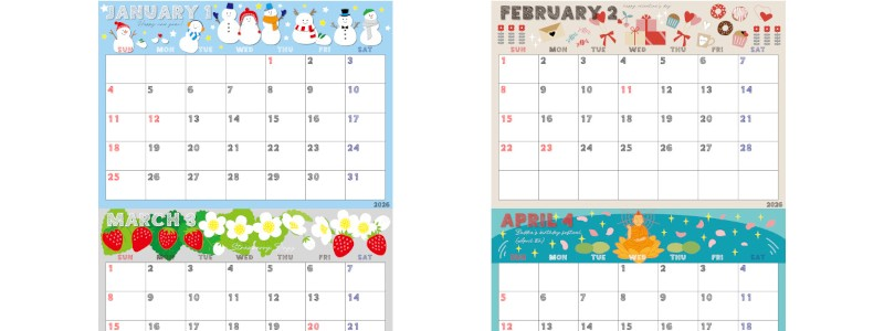 2026年間カレンダー♪A4横型の日曜始まりで鮮やかなカラーが魅力！予定管理にぴったりのフリー素材！無料ダウンロード可能！