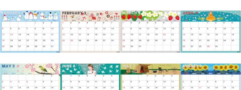 A4一枚で使える2026年間カレンダー♪横向きの日曜始まりで計画が立てやすい実用デザイン！無料ダウンロードできます！