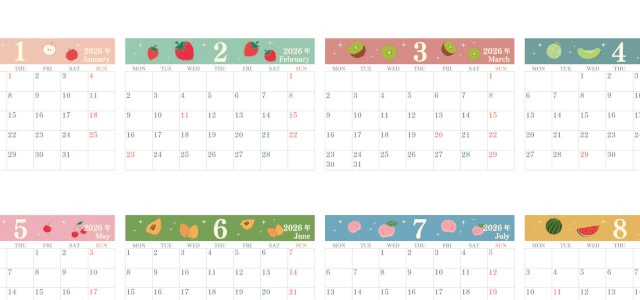 2026年間カレンダー♪A4横型の月曜始まりで毎日見るのが楽しみになるフルーツイラスト！無料でダウンロードできます！