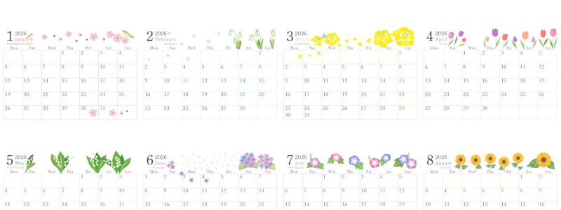 2026年間カレンダー♪A4横型の月曜始まりで見やすく整ったシンプル構成！無料でダウンロードできます！