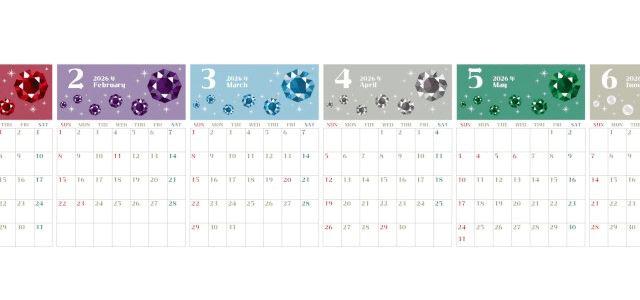 A4縦型で使える2026年間カレンダー♪日曜始まりで女性に人気の誕生石デザイン！無料ダウンロードできます！