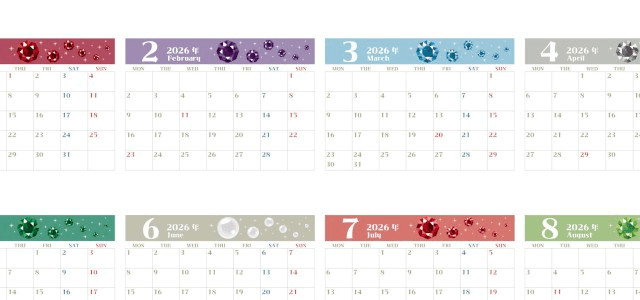 2026年間カレンダー♪A4横型の月曜始まりで大人かわいい宝石デザイン！無料でダウンロードできます！