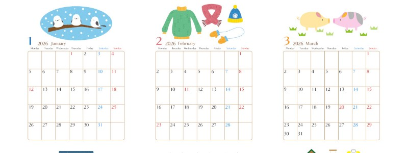 年間カレンダー2026はA4縦型の月曜始まり♪余白広めで書き込みしやすい洗練デザイン！無料ダウンロード可能！