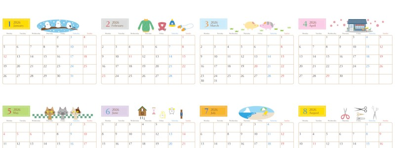 2026年間カレンダー♪A4横型の月曜始まりで余白が広く整ったレイアウト！無料でダウンロードできます！