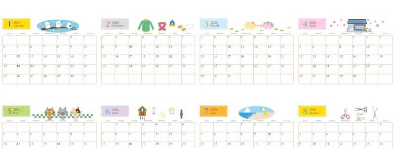 A4一枚で使える2026年間カレンダー♪横向きの日曜始まりで品のあるかわいい雰囲気！無料ダウンロードできます！