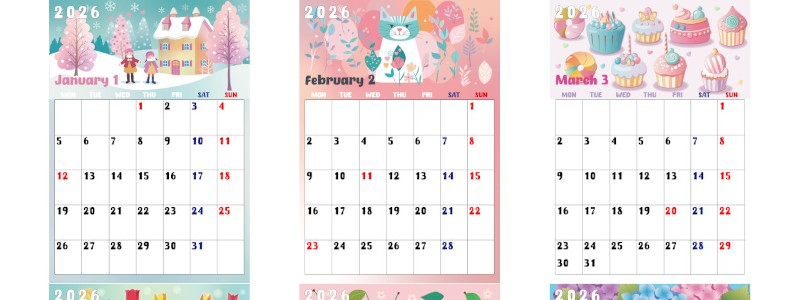 年間カレンダー2026はA4縦型の月曜始まり♪ワクワクが続くカラフルおしゃれなデザイン！無料ダウンロード可能！