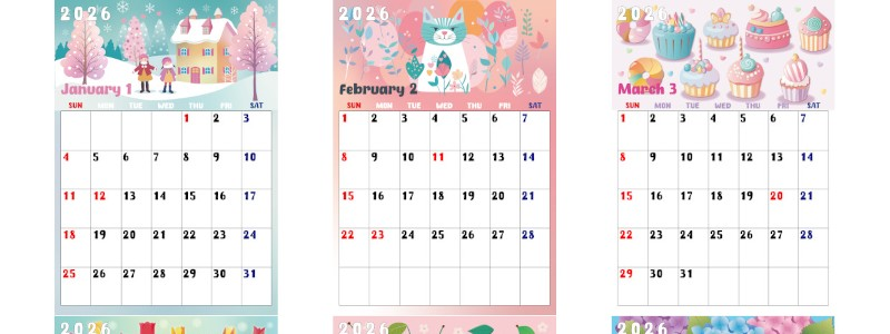 2026年間カレンダー♪A4縦型の日曜始まりで色鮮やかなカラフルデザイン！無料ダウンロード可能！