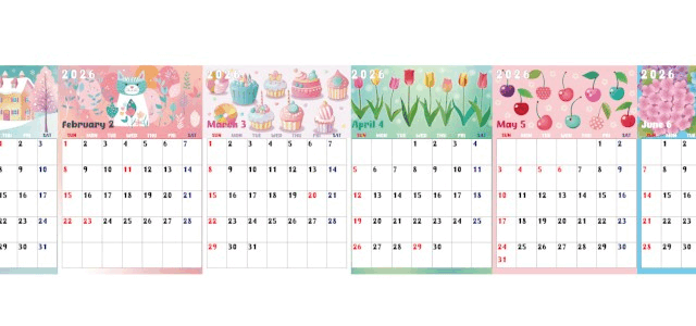 A4縦型で使える2026年間カレンダー♪日曜始まりで元気になる明るい構成！無料ダウンロードできます！