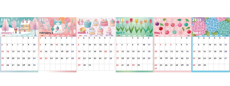 A4縦型で使える2026年間カレンダー♪日曜始まりで元気になる明るい構成！無料ダウンロードできます！