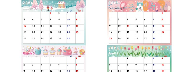 2026年の年間カレンダーはA4横型の月曜始まり♪気分が上がるカラフルイラスト！無料ダウンロード可能！