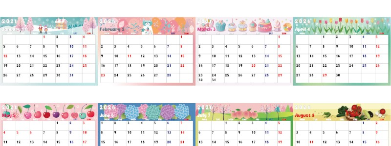 2026年間カレンダー♪A4横型の月曜始まりで日々を楽しくする明るい配色！無料でダウンロードできます！