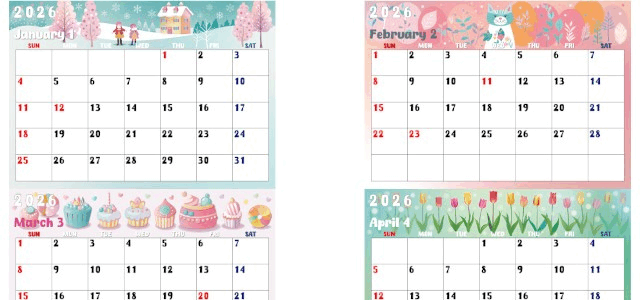 2026年間カレンダー♪A4横型の日曜始まりでカラフルおしゃれなデザイン！見ているだけでワクワクする無料ダウンロード可能！