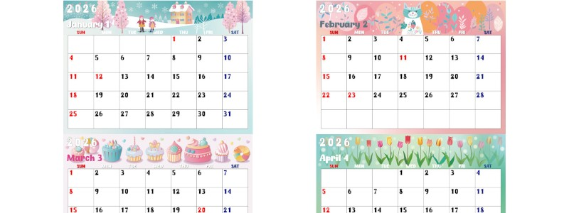 2026年間カレンダー♪A4横型の日曜始まりでカラフルおしゃれなデザイン！見ているだけでワクワクする無料ダウンロード可能！