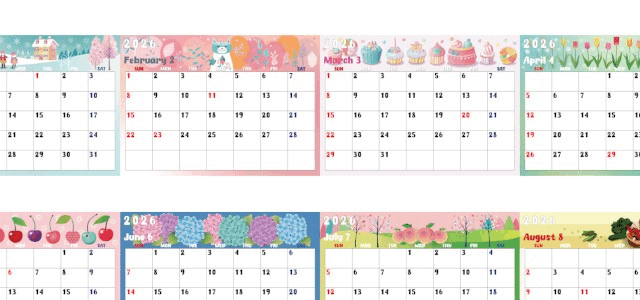 A4一枚で使える2026年間カレンダー♪横向きの日曜始まりで毎日を明るくするポップデザイン！無料ダウンロードできます！