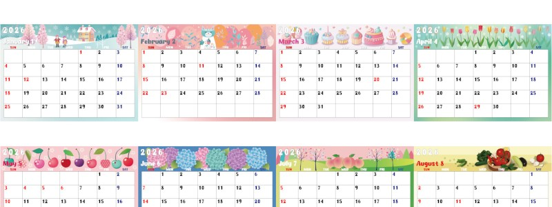A4一枚で使える2026年間カレンダー♪横向きの日曜始まりで毎日を明るくするポップデザイン！無料ダウンロードできます！