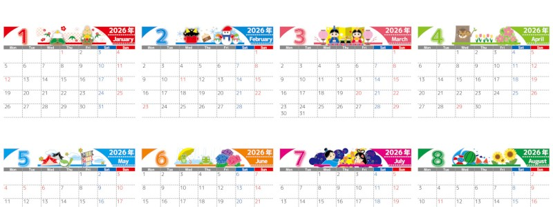 2026年間カレンダー♪A4横型の月曜始まりでかわいいポップカラーが魅力！無料でダウンロードできます！