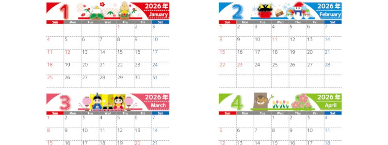 2026年間カレンダー♪A4横型の日曜始まりでパッチワーク風のかわいいデザイン！予定管理にぴったりの無料ダウンロード可能！