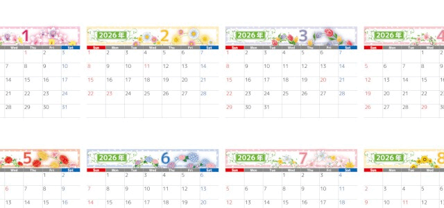 A4一枚で使える2026年間カレンダー♪横向きの日曜始まりで見やすさ重視の整った構成！無料ダウンロードできます！
