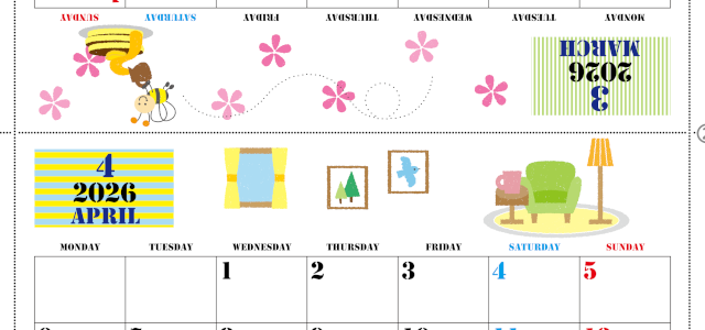 2026年の卓上カレンダー(3月・4月)は月曜始まり♪おしゃれなイラスト付き♪折り方が分かりやすいガイド付：無料(2026-000303-0431)