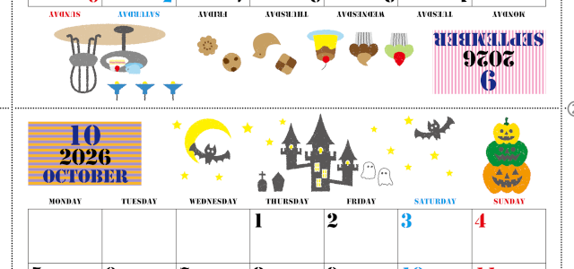 2026年の卓上カレンダー(9月・10月)は月曜始まり♪おしゃれなイラスト付き♪折り方が分かりやすいガイド付：無料(2026-000309-1031)