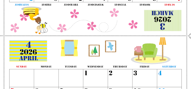 2026年の卓上カレンダー(3月・4月)は日曜始まり♪おしゃれなイラスト付き♪折り方が分かりやすいガイド付：無料(2026-000303-0430)