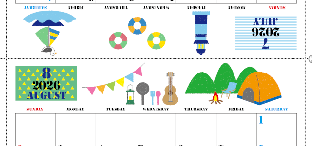 2026年の卓上カレンダー(7月・8月)は日曜始まり♪おしゃれなイラスト付き♪折り方が分かりやすいガイド付：無料(2026-000307-0830)