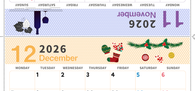 2026年の卓上カレンダー(11月・12月)は月曜始まり♪おしゃれなA4サイズでプリント可♪作り方が分かりやすい：無料(2026-000611-1231)