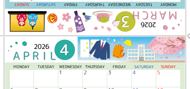 2026年の卓上カレンダー(3月・4月)は月曜始まり♪おしゃれなだけでなく折り方ガイド付きで作り方が簡単♪無料／A4(2026-000803-0431)