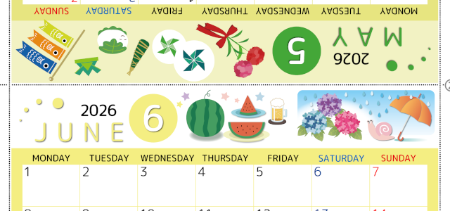 2026年の卓上カレンダー(5月・6月)は月曜始まり♪おしゃれなだけでなく折り方ガイド付きで作り方が簡単♪無料／A4(2026-000805-0631)