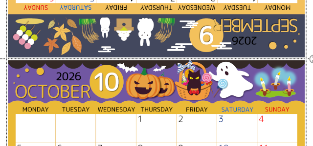 2026年の卓上カレンダー(9月・10月)は月曜始まり♪おしゃれなだけでなく折り方ガイド付きで作り方が簡単♪無料／A4(2026-000809-1031)