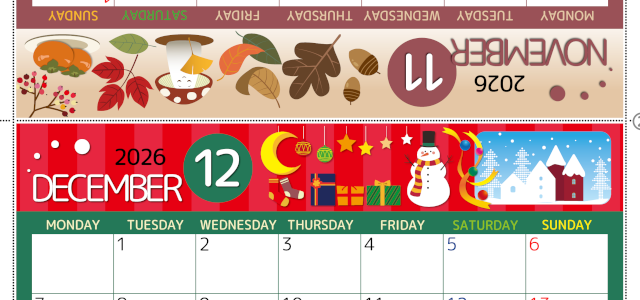 2026年の卓上カレンダー(11月・12月)は月曜始まり♪おしゃれなだけでなく折り方ガイド付きで作り方が簡単♪無料／A4(2026-000811-1231)