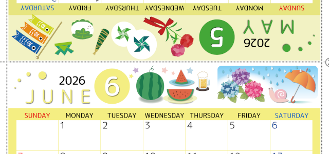 2026年の卓上カレンダー(5月・6月)は日曜始まり♪おしゃれなだけでなく折り方ガイド付きで作り方が簡単♪無料／A4(2026-000805-0630)