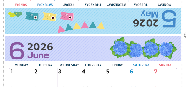 2026年の卓上カレンダー(5月・6月)は月曜始まり♪かわいいだけでなく折り方ガイド付なので作り方簡単：無料(2026-000905-0631)