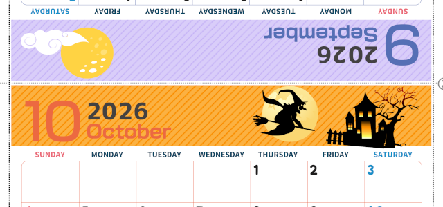 2026年の卓上カレンダー(9月・10月)は日曜始まり♪かわいいだけでなく折り方ガイド付なので作り方簡単：無料(2026-000909-1030)