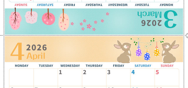 2026年の卓上カレンダー(3月・4月)は月曜始まり♪かわいい書き込みしやすい日付欄大きめのA4無料素材♪(2026-001003-0431)